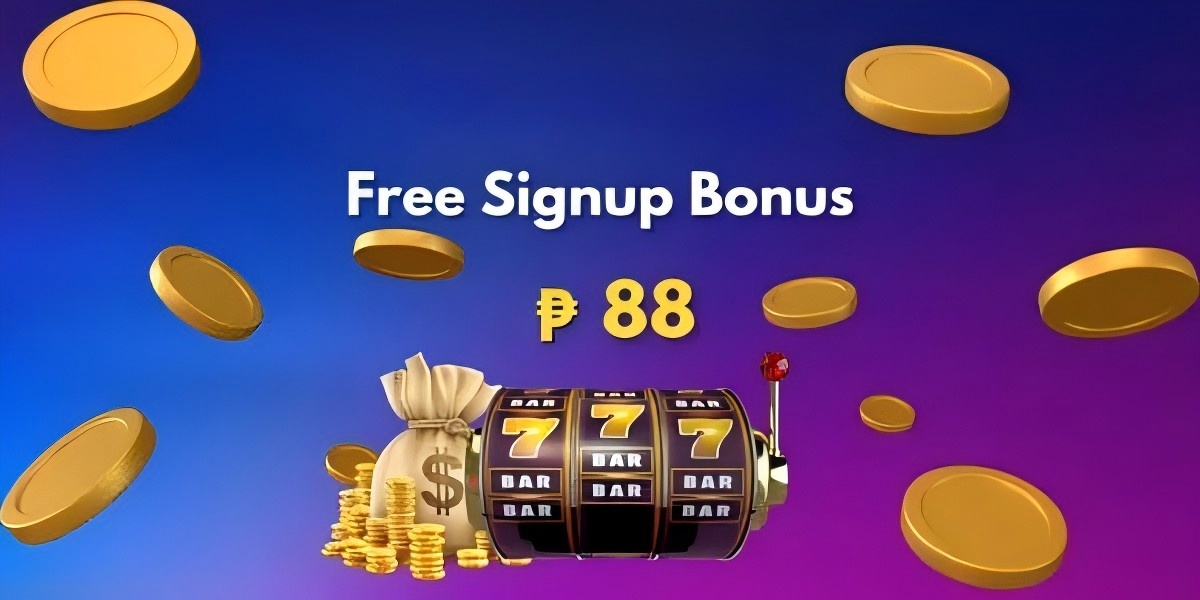 Promotional banner showing a slot machine with triple sevens, a money bag and a free signup bonus of 88 pesos